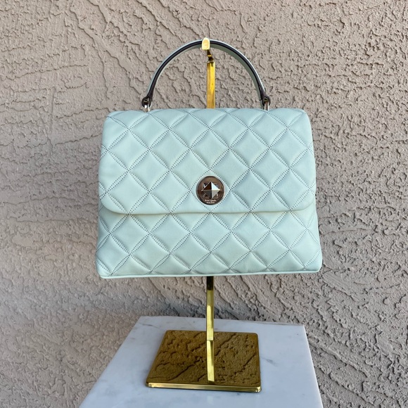 KATE SPADE Mint Blue Quilted Natalia Flap Satchel Bag w Top Handle Chain Strap - Picture 3 of 15